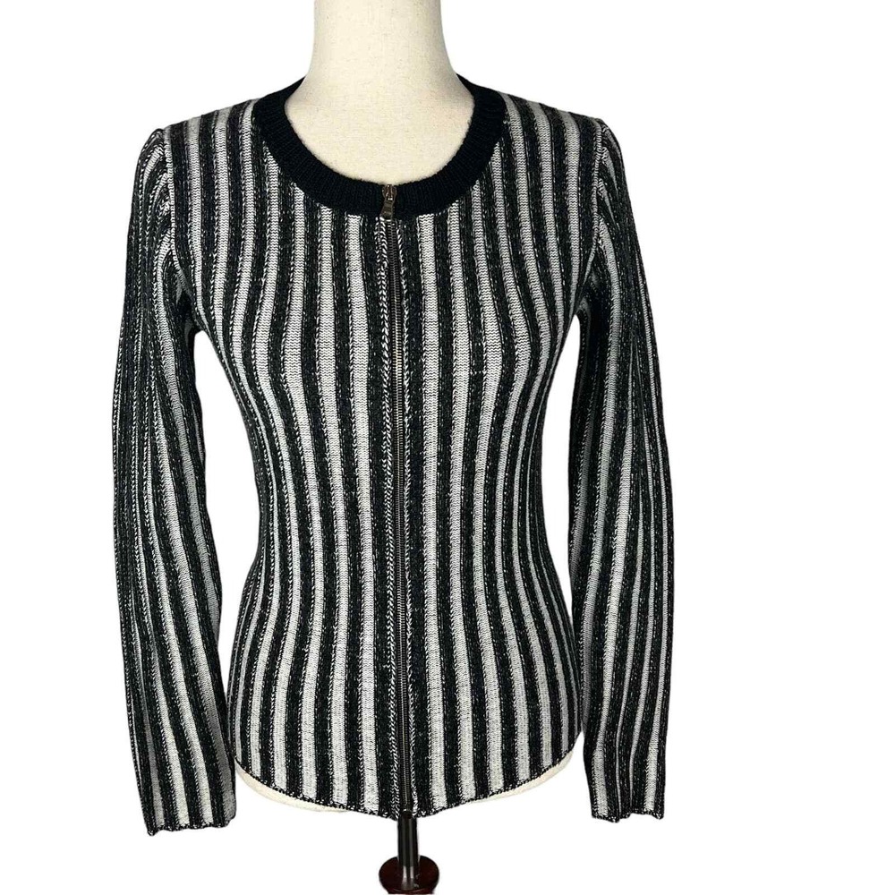 Vince Striped Zip Front Knit Cardigan Sweater Jacket  M Black White - Picture 2 of 16